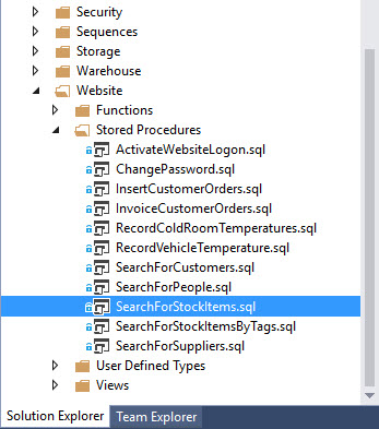 In Solution Explorer, the Website folder is expanded, and Stored Procedures is expanded. Under Stored Procedures, SearchForStockItems.sql is selected.